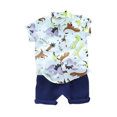 AMIMOJY Toddler Kids Baby Boys Summer Clothing Cartoon Dinosaur Print Floral T Shirt Tops and Shorts 2 Piece Outfits Set, 6-12 Months, Green