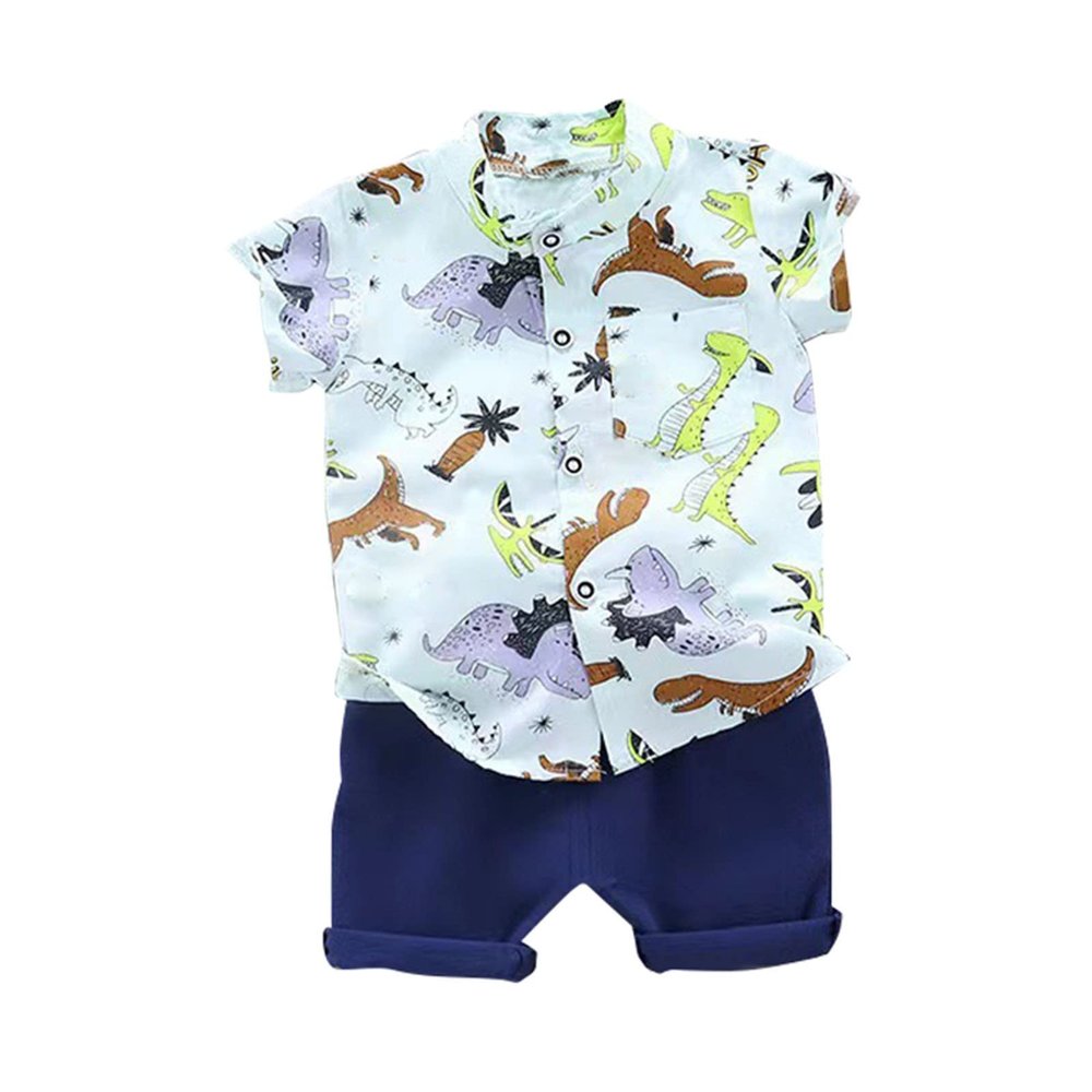 AMIMOJY Toddler Kids Baby Boys Summer Clothing Cartoon Dinosaur Print Floral T Shirt Tops and Shorts 2 Piece Outfits Set, 6-12 Months, Green