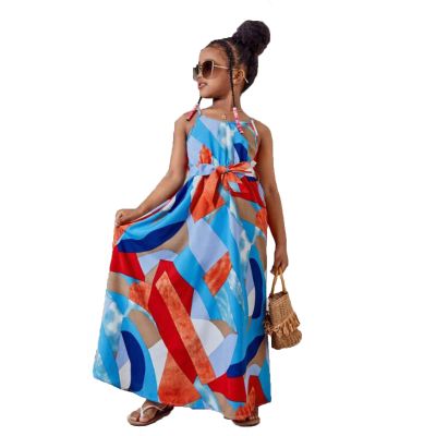 GeRRiT Girls Maxi Dress Printed Summer Spaghetti Strap Dress Pleated Swing Cami Dresses Colorblock with Belt Sleeveless,Colorful,11Y(140~146CM)