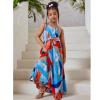 GeRRiT Girls Maxi Dress Printed Summer Spaghetti Strap Dress Pleated Swing Cami Dresses Colorblock with Belt Sleeveless,Colorful,11Y(140~146CM) view 3
