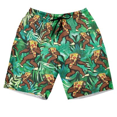 228CLOSET Bigfoot Men's Swim Trunks - Carrying Pizza Hawaiian Shorts for Men, Men's Summer Bathing Shorts Set 24 Size 3XL