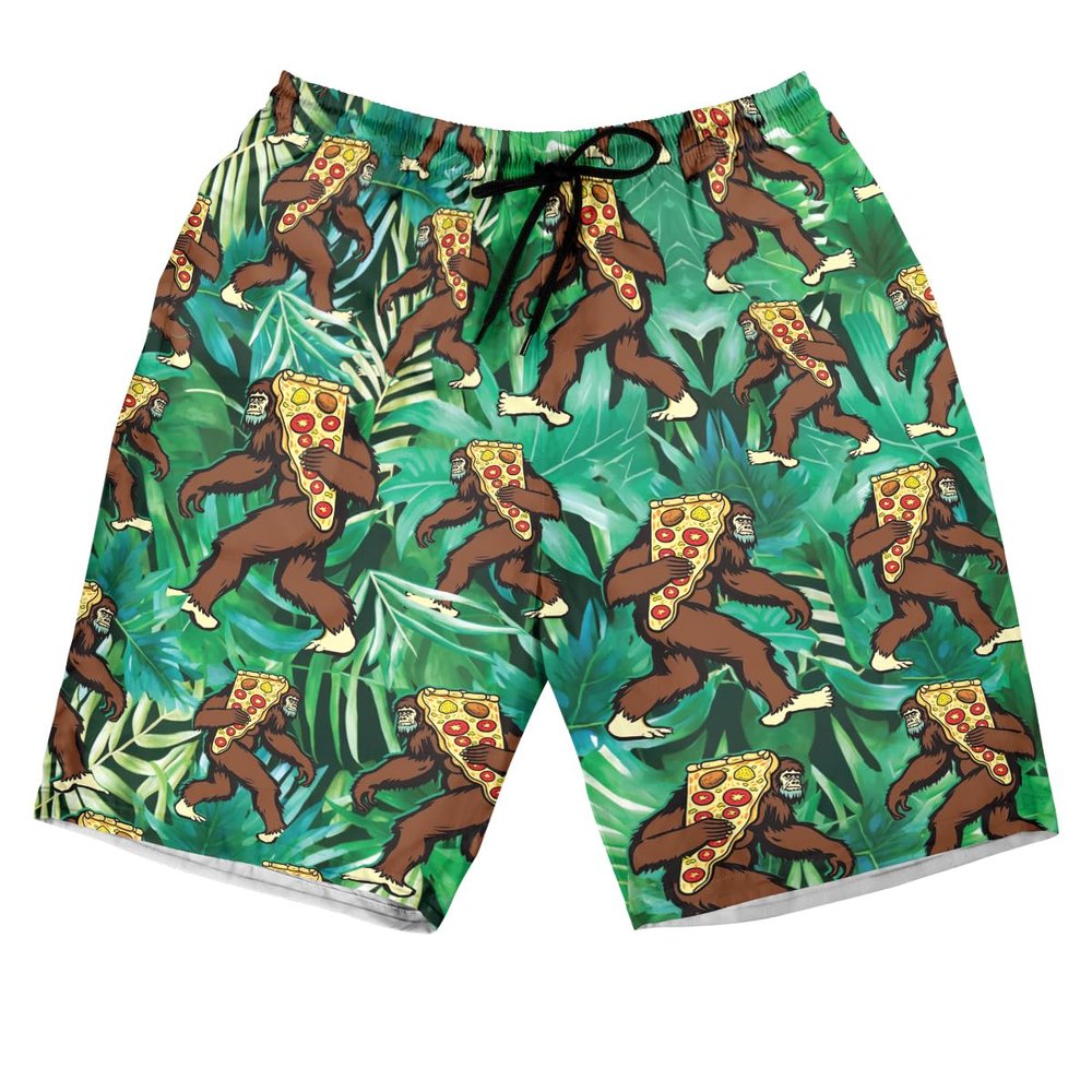 228CLOSET Bigfoot Men's Swim Trunks - Carrying Pizza Hawaiian Shorts for Men, Men's Summer Bathing Shorts Set 24 Size 3XL