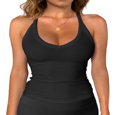 iGENJUN Workout Tops for Women Racerback Tank Tops 2025 Yoga Gym Ribbed Sleeveless Shirts Clothes,M,Black