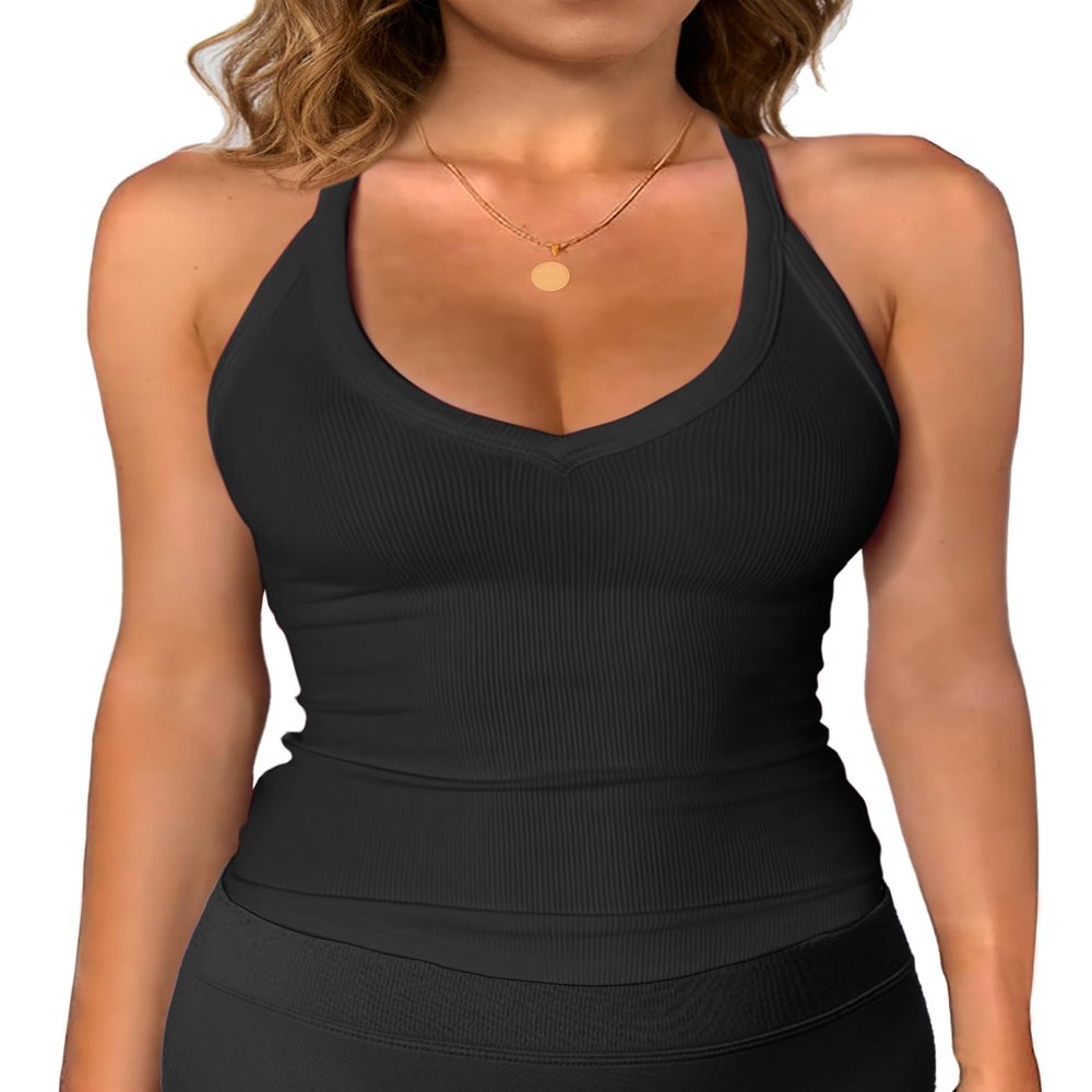 iGENJUN Workout Tops for Women Racerback Tank Tops 2025 Yoga Gym Ribbed Sleeveless Shirts Clothes,M,Black