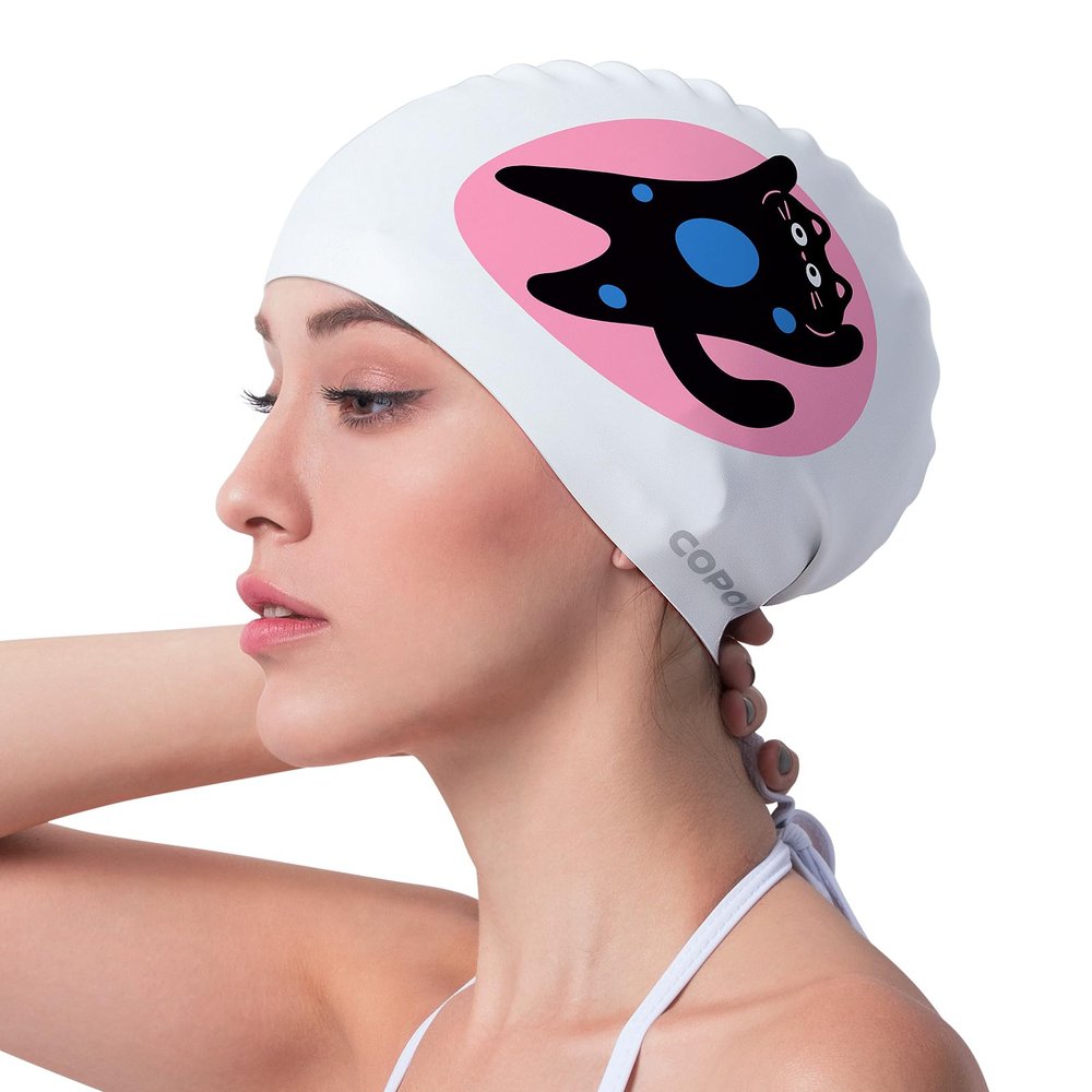 COPOZZ Womens Swim Cap for All Hair - Large, Comfortable Silicone Swimming Cap, Waterproof Design for Long, Short, Thick & Curly Hair | Secure & Comfortable Fit (Kittens-12yrs+)