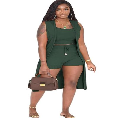 Batehif Women's 3 Piece Shorts Lounge Set Airport Travel Vacation Outfits Matching Casual Cardigan and Vest