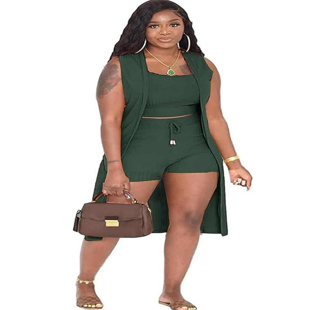 Batehif Women's 3 Piece Shorts Lounge Set Airport Travel Vacation Outfits Matching Casual Cardigan and Vest