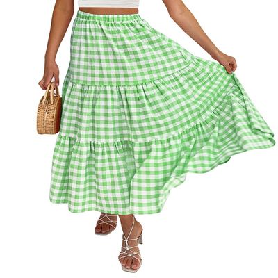 Women Summer Plaid Print Long Skirt Casual Elastic High Waist A Line Maxi Skirt Vintage Flowy Gingham Midi Skirt(H 92 Green,L)