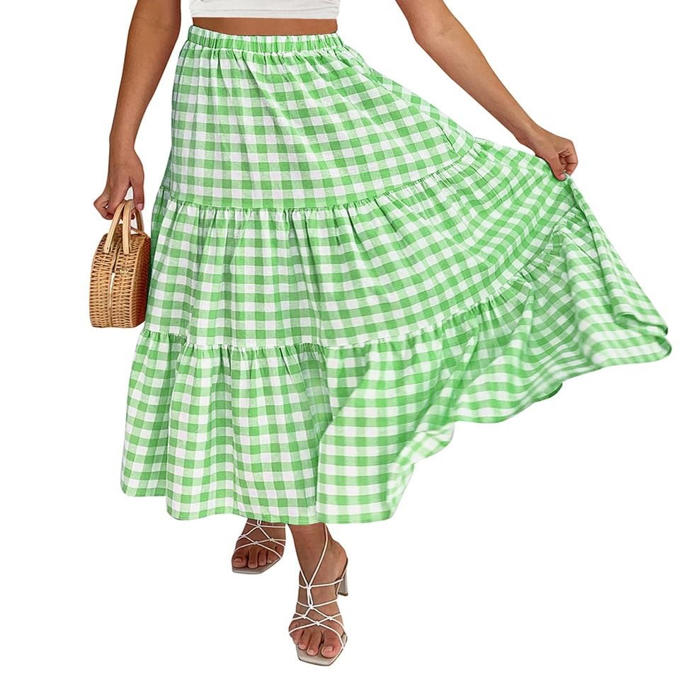 Women Summer Plaid Print Long Skirt Casual Elastic High Waist A Line Maxi Skirt Vintage Flowy Gingham Midi Skirt(H 92 Green,L)