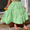 Women Summer Plaid Print Long Skirt Casual Elastic High Waist A Line Maxi Skirt Vintage Flowy Gingham Midi Skirt(H 92 Green,L) view 2