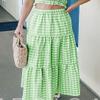 Women Summer Plaid Print Long Skirt Casual Elastic High Waist A Line Maxi Skirt Vintage Flowy Gingham Midi Skirt(H 92 Green,L) view 4
