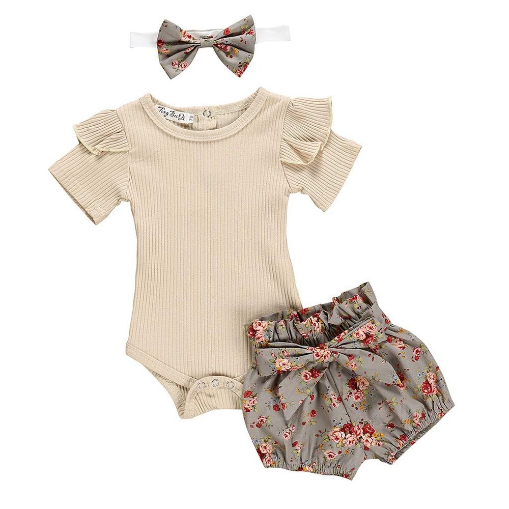 AMIMOJY Toddler Baby Girl's Summer Outfits Ribbed Short Sleeve Romper Bodysuit Floral Print Shorts Headband 3pcs Clothes Set, 6-12 Months, Khaki