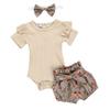 AMIMOJY Toddler Baby Girl's Summer Outfits Ribbed Short Sleeve Romper Bodysuit Floral Print Shorts Headband 3pcs Clothes Set, 6-12 Months, Khaki view 1