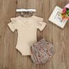 AMIMOJY Toddler Baby Girl's Summer Outfits Ribbed Short Sleeve Romper Bodysuit Floral Print Shorts Headband 3pcs Clothes Set, 6-12 Months, Khaki view 2