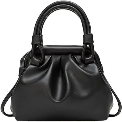 Pleated PU Leather Shoulder Bag Women's Ruched Small Handbag Top Handle Clutch Purse Cloud Pouch Bag (C)