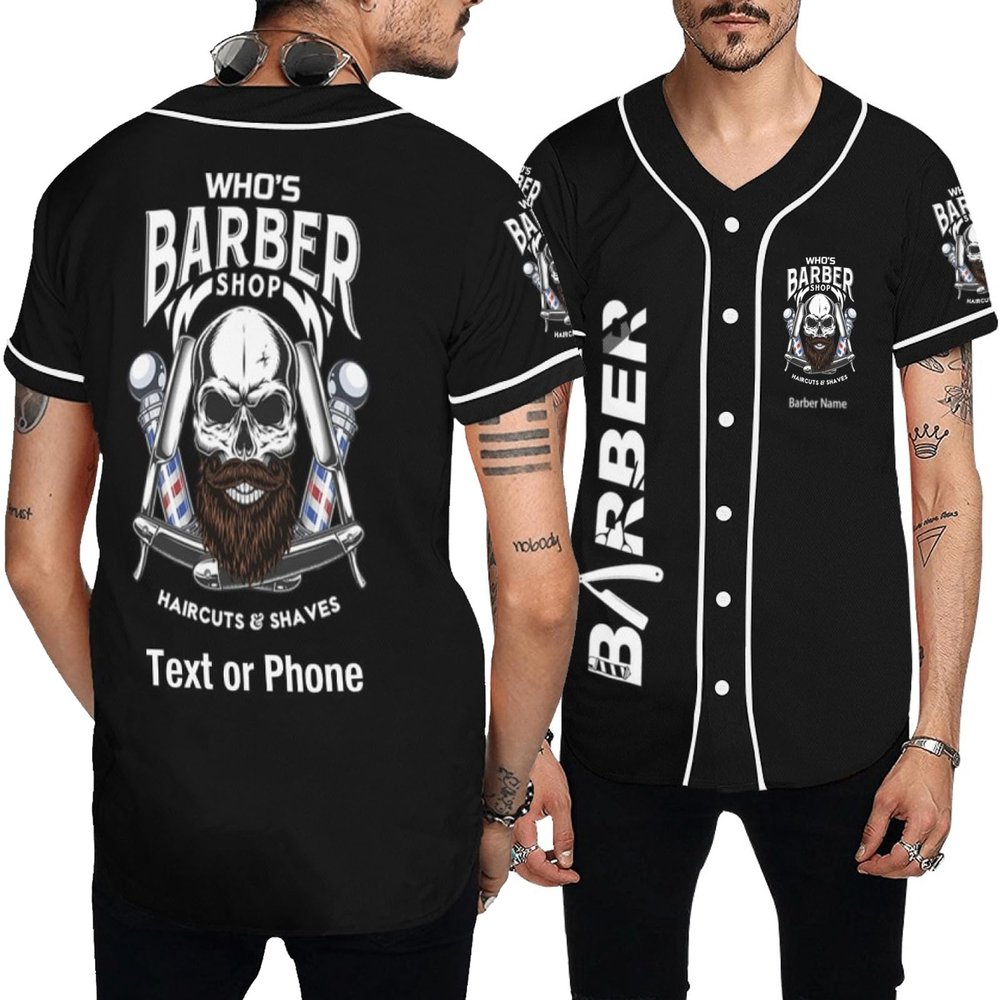 Personalized Barber Jackets Custom Baseball Jersey Uniforms for Hairdresser, Skull Logo Design Your Name Salon Smock & Cape