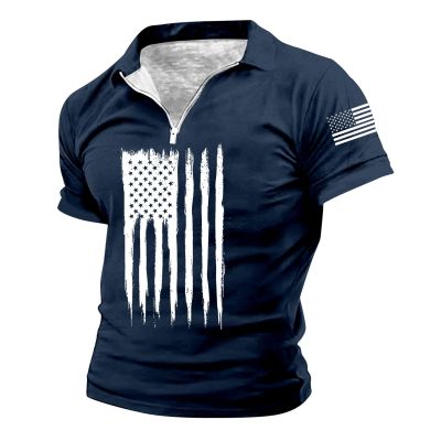 GOKKILRW Independence Day Mens Print Tee Shirts USA Flag 1/4 Zip Short Sleeve Polo Shirt Cotton Comfy Muscle Workout Golf Tee