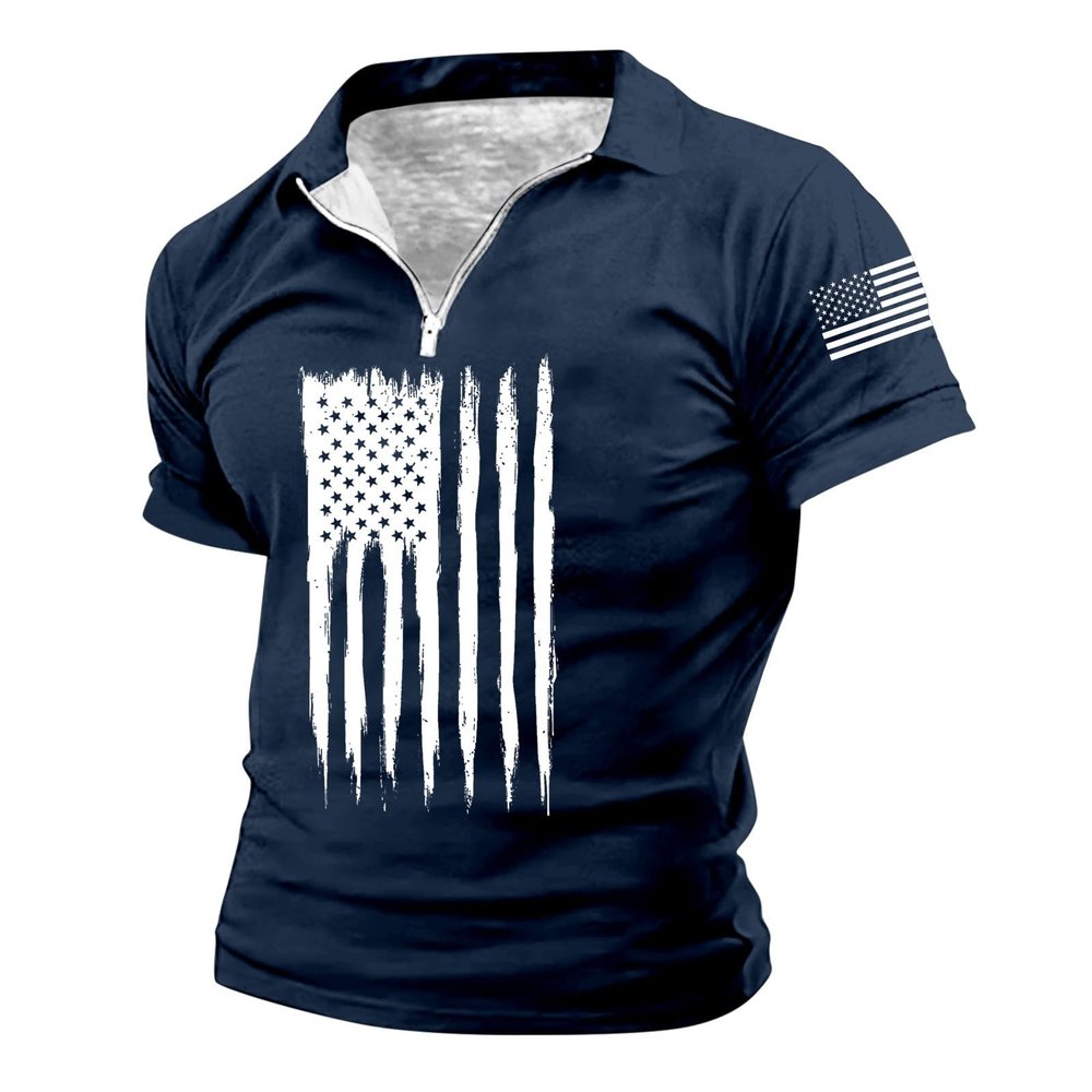 GOKKILRW Independence Day Mens Print Tee Shirts USA Flag 1/4 Zip Short Sleeve Polo Shirt Cotton Comfy Muscle Workout Golf Tee