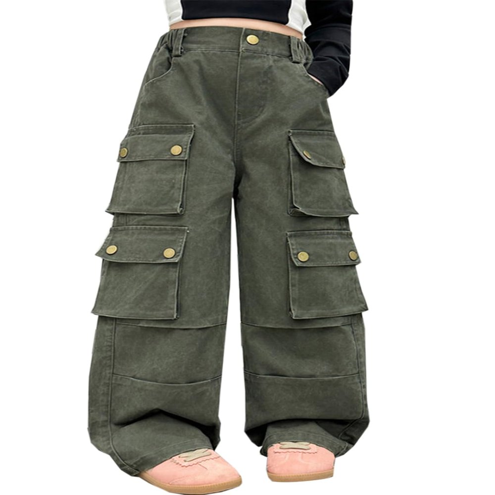 SANGTREE Girls High Waist Casual Y2k Wide Leg Cargo Pants, Army Green, 9-10 Years = Tag 150