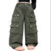 SANGTREE Girls High Waist Casual Y2k Wide Leg Cargo Pants, Army Green, 9-10 Years = Tag 150 view 1