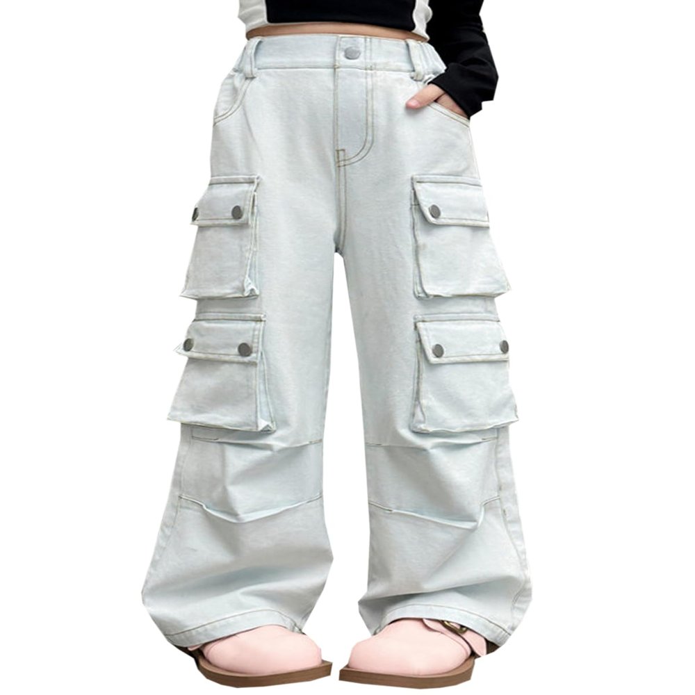 SANGTREE Girls High Waist Casual Y2k Wide Leg Cargo Pants,White,6-7 Years = Tag 130
