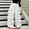 SANGTREE Girls High Waist Casual Y2k Wide Leg Cargo Pants,White,6-7 Years = Tag 130 view 4