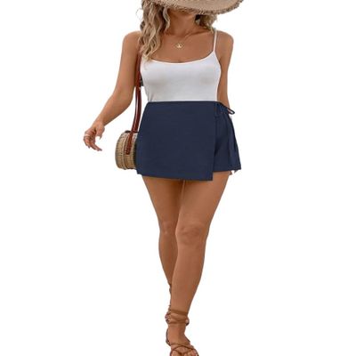 SECOLI Women's 2024 Summer Casual Plain Shorts Tie Knot Side Wrap Asymmetric Skort, Large, Navy Blue