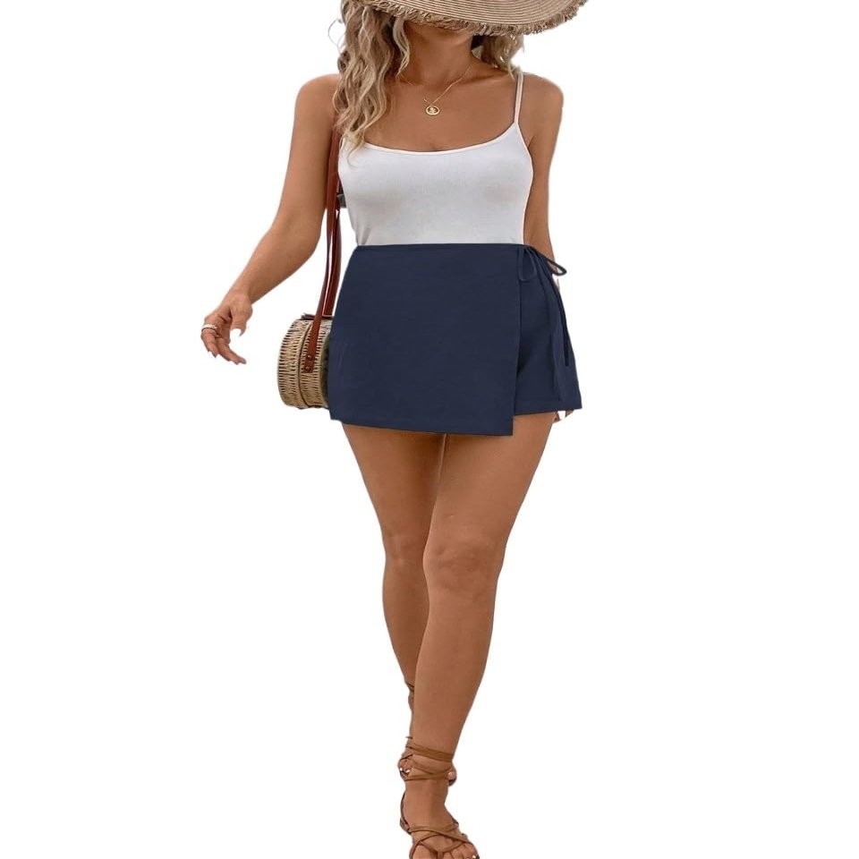 SECOLI Women's 2024 Summer Casual Plain Shorts Tie Knot Side Wrap Asymmetric Skort, Large, Navy Blue