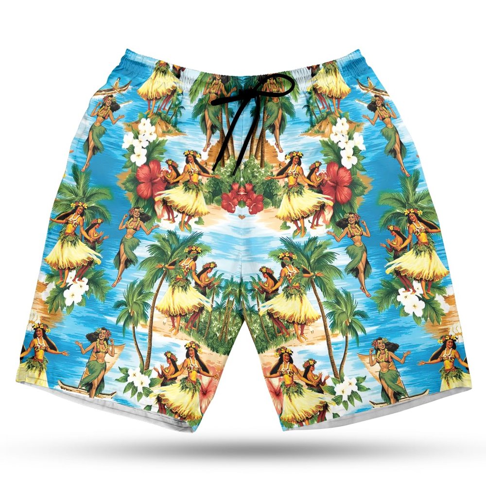 228CLOSET Hawaii Girl Men's Swim Trunks - Hula Dancer Hawaiian Shorts for Men, Men's Summer Bathing Shorts Set 25 Size S