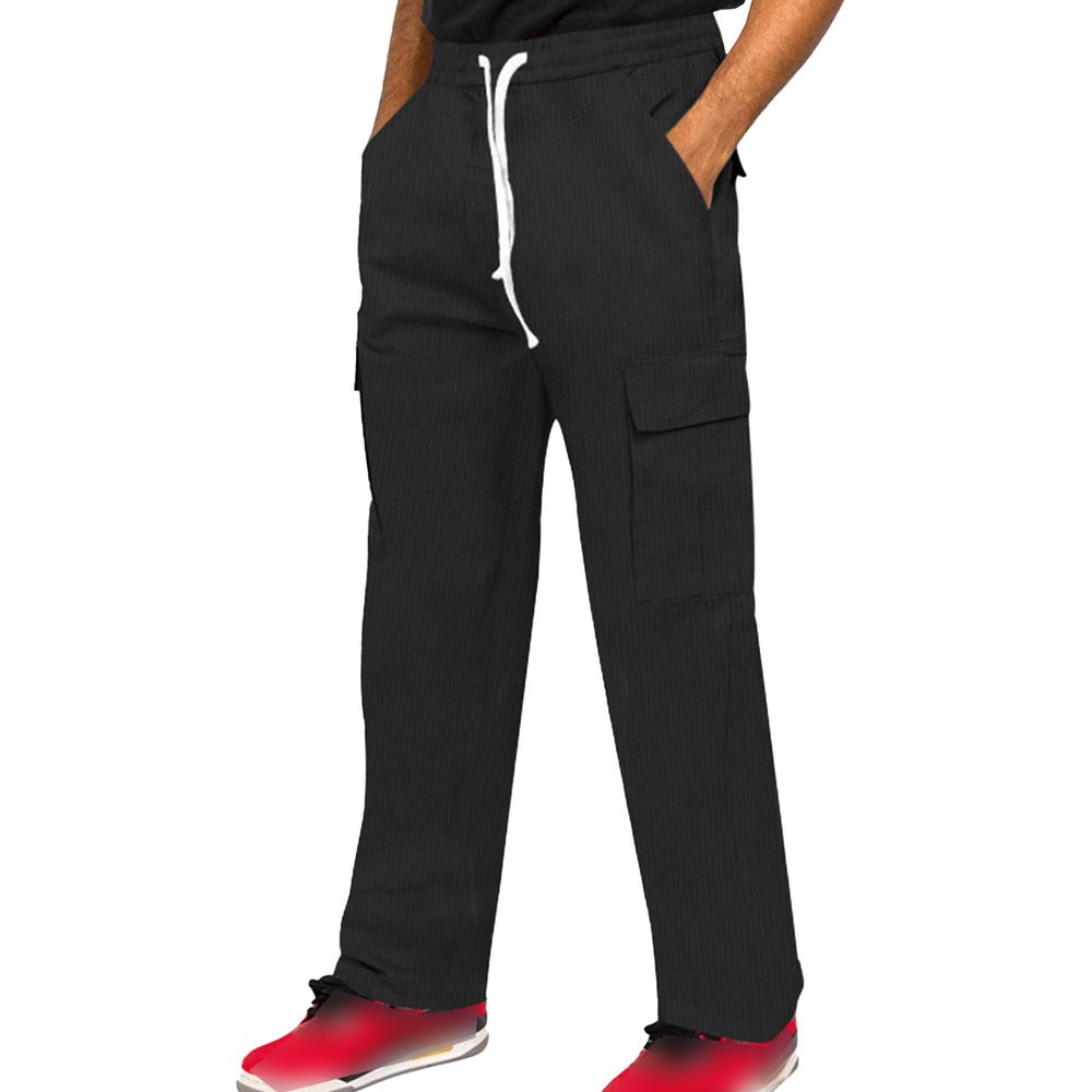 JEsilunmaMY Men's Drawstring Corduroy Cargo Pants Side Pockets Stretch Jogger Sweatpants Relaxed Fit Casual Straight Trousers (Black,Small)