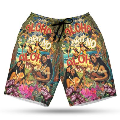 228CLOSET Hawaii Girl Men's Swim Trunks - Playing Guitar Hawaiian Shorts for Men, Men's Summer Bathing Shorts Set 25 Size M