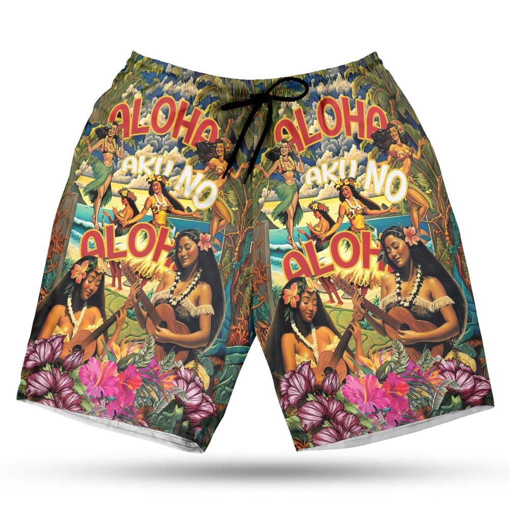 228CLOSET Hawaii Girl Men's Swim Trunks - Playing Guitar Hawaiian Shorts for Men, Men's Summer Bathing Shorts Set 25 Size M