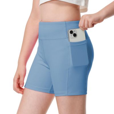 ANIVIVO Girls' 4" Volleyball Biker Dance Shorts - Youth Spandex Yoga Shorts Kids Athletic Running Compression Shorts with Pockets(Blue 11-12)