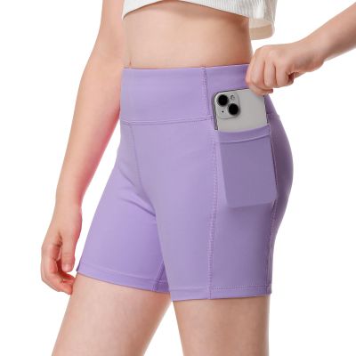 ANIVIVO Girls' 4" Volleyball Biker Dance Shorts - Youth Spandex Yoga Shorts Kids Athletic Running Compression Shorts with Pockets(Lightpurple 9-10)