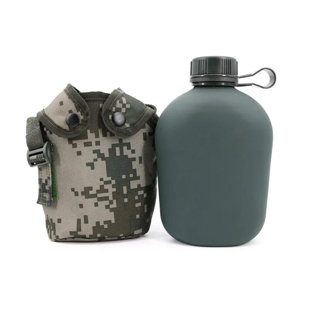 RUEHALF 1L Camouflage Water Bottle Outdoor Sports Picnic Kettle Portable Canteen with Shoulder Strap Aluminum Camping Pot Flask (Color : 01-1L)