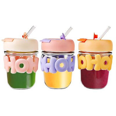 3Pack Milk Juice Cute Water Bottles,12oz Kawaii Glass Water Bottles with Straw and Lid for Girl Women,Portable Handy Water Cup for Juicing,Kombucha,Boba Milk,Fruit Drinks