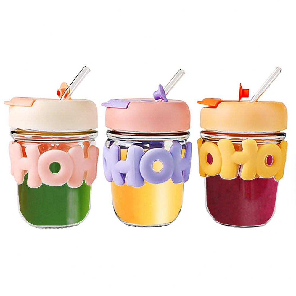 3Pack Milk Juice Cute Water Bottles,12oz Kawaii Glass Water Bottles with Straw and Lid for Girl Women,Portable Handy Water Cup for Juicing,Kombucha,Boba Milk,Fruit Drinks