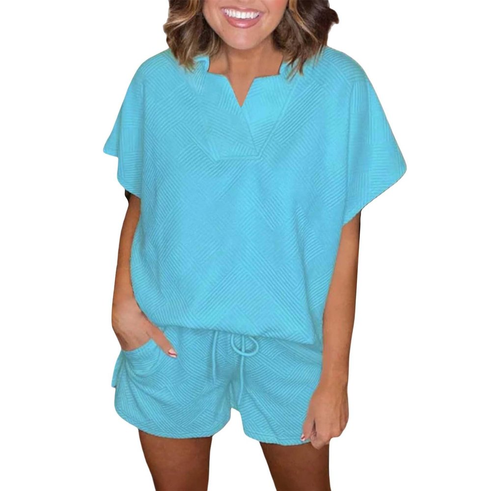 GOKKILRW Womens 2 Piece Outfits Short Sleeve Solid Color Summer V Neck Tee Shirts Shorts Casual Loose Fit Sweatsuit Tracksuit
