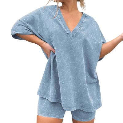 GOKKILRW Womens 2 Piece Outfits Short Sleeve Solid Color Summer V Neck Tee Shirts Shorts Casual Loose Fit Sweatsuit Tracksuit
