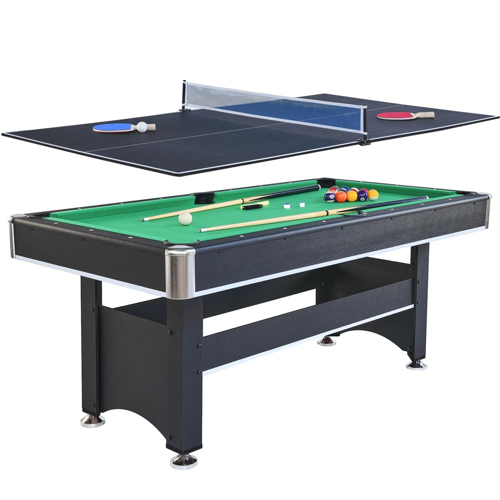 6-ft Pool Table with Table Tennis Top - Versatile 2-in-1 Game Table, Black with Green Felt, Durable & Space-Saving Design