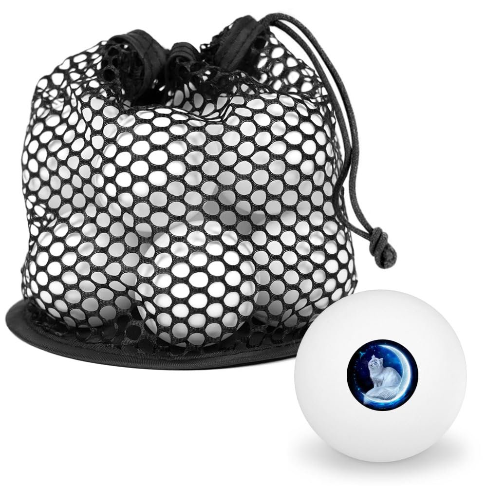 Cat in Moon Novelty Table Tennis Ping Pong Ball 12 Pack with Storage Bag