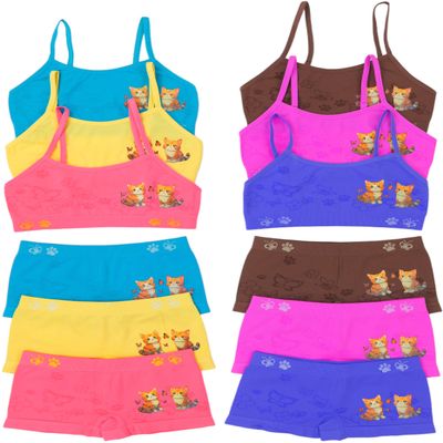 ToBeInStyle Girl's Pack of 6 Spaghetti Strap Training Bras & Matching Boyshort Bottoms - Kittens & Butterflies - Small