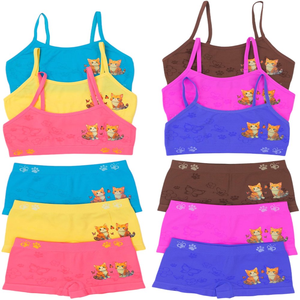 ToBeInStyle Girl's Pack of 6 Spaghetti Strap Training Bras & Matching Boyshort Bottoms - Kittens & Butterflies - Small