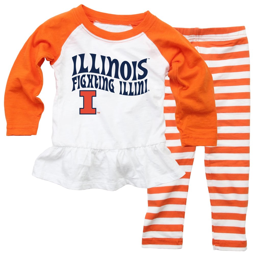 Wes and Willy NCAA Infant Girls Ruffle Raglan Set,Illinois Fighting Illini,18M,Orange Crush