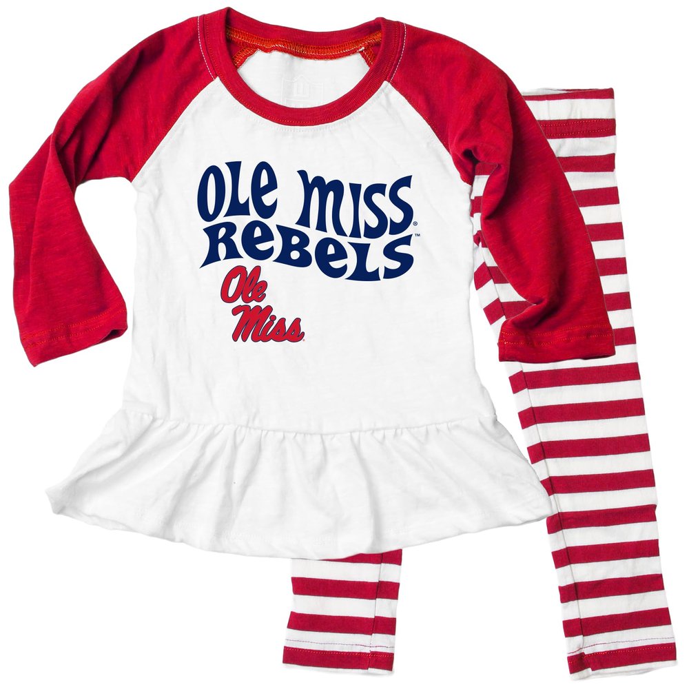 Wes and Willy NCAA Infant Girls Ruffle Raglan Set,Ole Miss Rebels,24M,Cherry