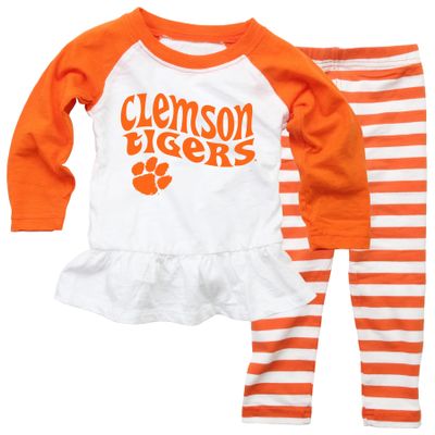 Wes and Willy NCAA Infant Girls Ruffle Raglan Set,Clemson Tigers,18M,Orange Crush