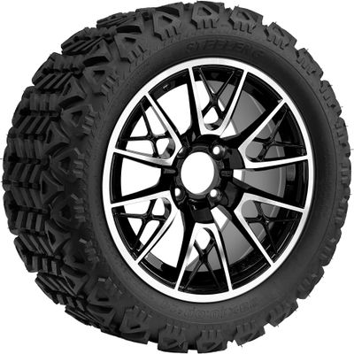 14" Saber Tooth Machined/Black Golf Cart Wheel & 23x10-14" DOT All Terrain Tire - Set of 4 (Standard Lugs 1/2 x 20)