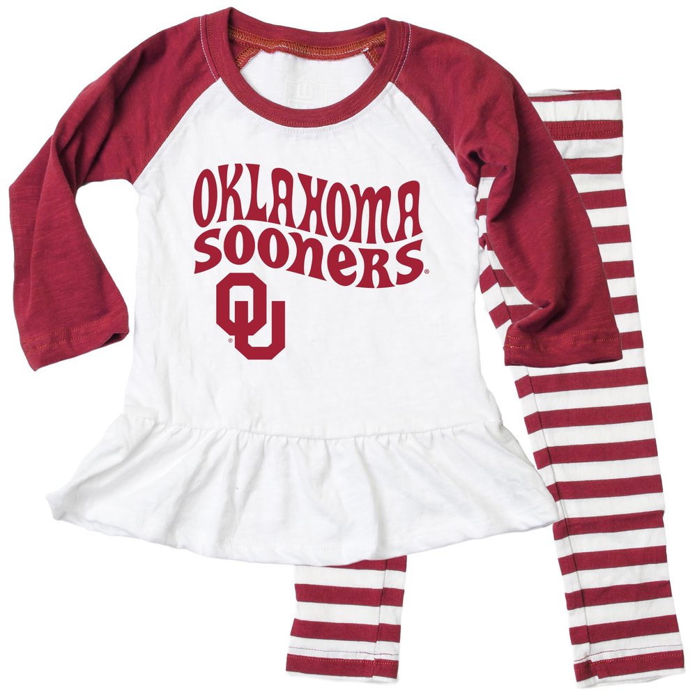 Wes and Willy NCAA Infant Girls Ruffle Raglan Set,Oklahoma Sooners,12M,Bullseye Red