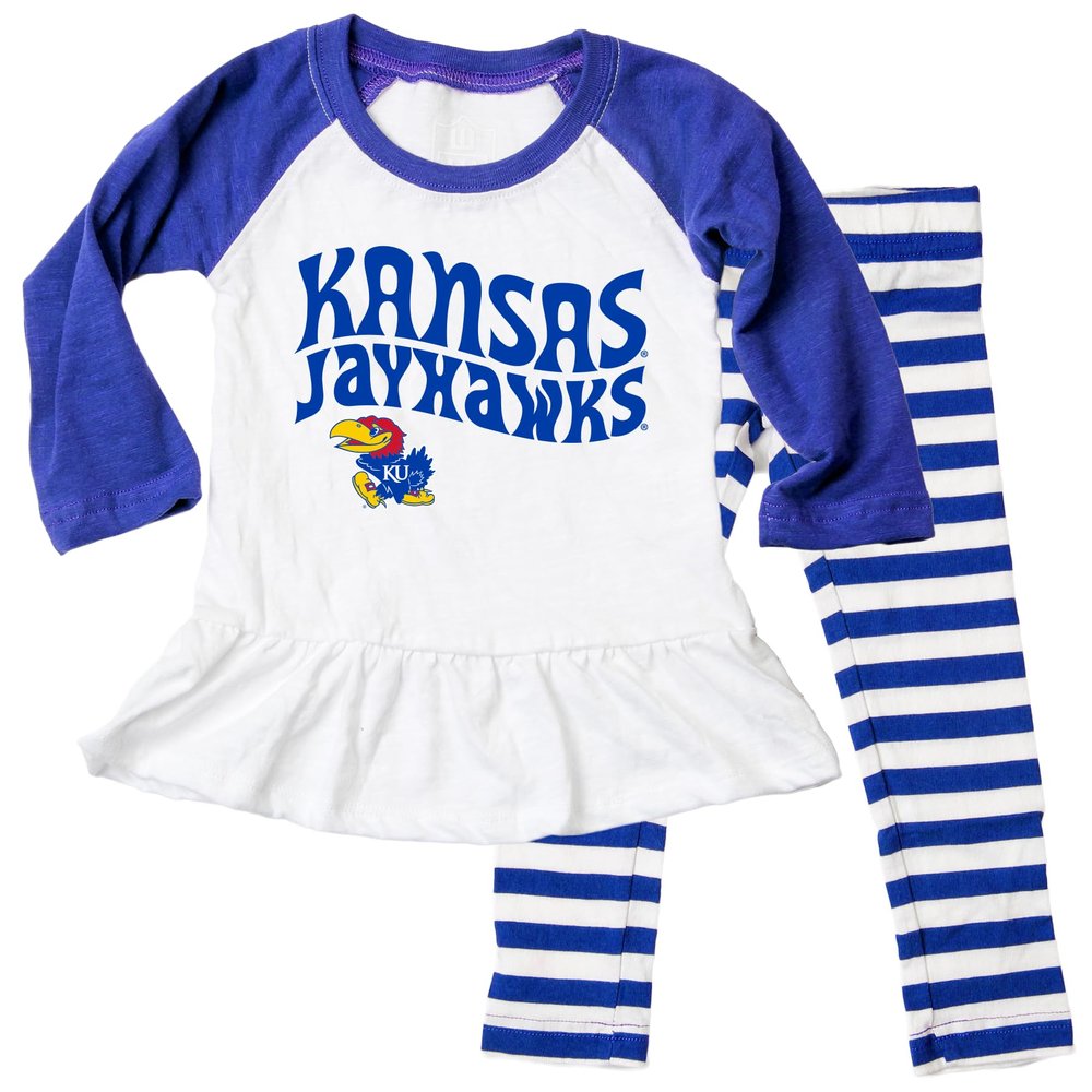 Wes and Willy NCAA Infant Girls Ruffle Raglan Set,Kansas Jayhawks,18M,Blue Moon