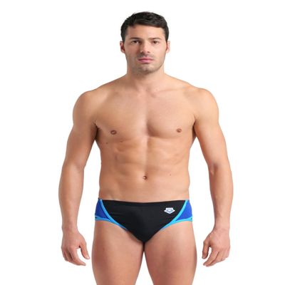 ARENA Performance Men's Icons Panel Swim Brief Chlorine Resistant MaxLife Sports Swimsuit Practice Pool Training Competitive Bathing Suit, Black/Neon Blue/Red Fandango, US Size 34